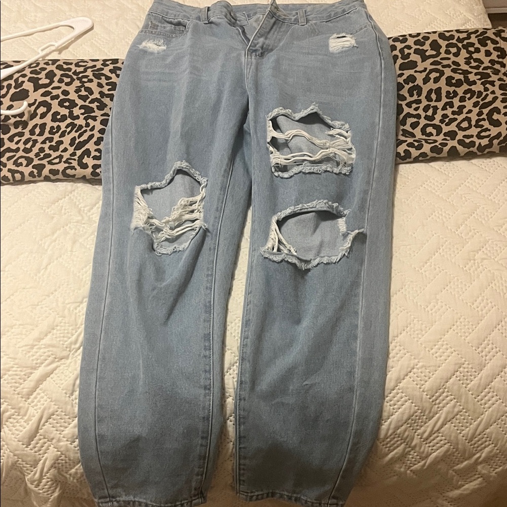 SHEIN Light Blue Distressed Boyfriend Jeans